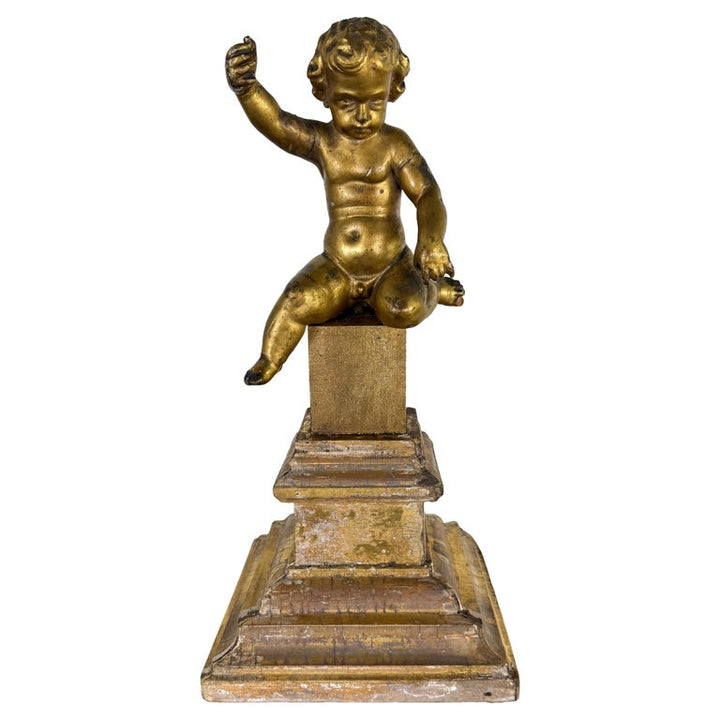 19th Century Italian Giltwood Cherub on Carved Plinth Base