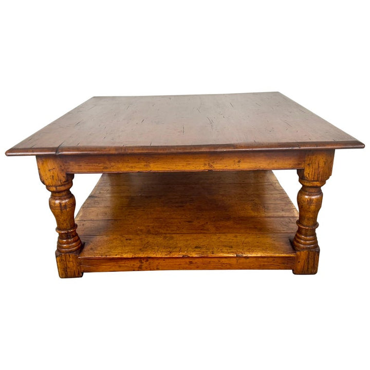 French Country Walnut Coffee Table with Turned Legs and Lower Shelf