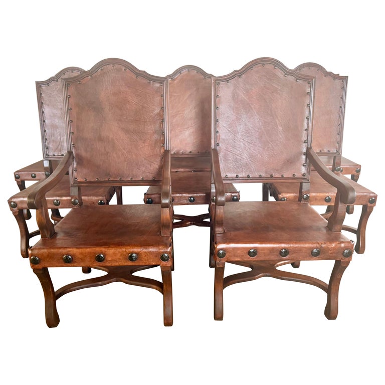 Set of Eight Spanish Walnut & Leather Dining Chairs