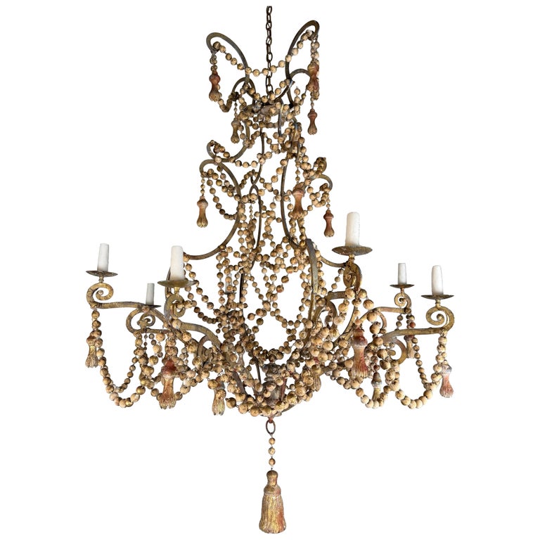 Monumental Italian Parcel-Gilt & Painted Wood-Bead Chandelier