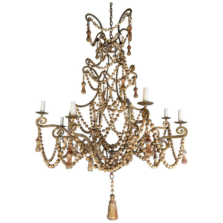 Monumental Italian Parcel-Gilt & Painted Wood-Bead Chandelier