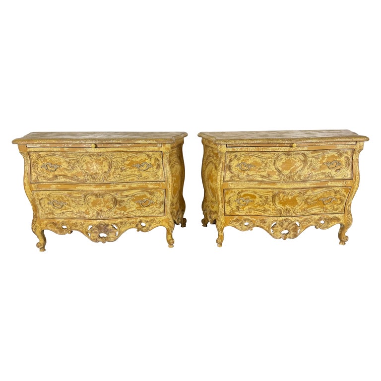 Pair of Louis XV–Style Painted Bombe Commodes with Carved Rococo Ornament