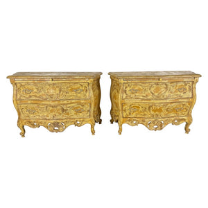 Pair of Louis XV–Style Painted Bombe Commodes with Carved Rococo Ornament