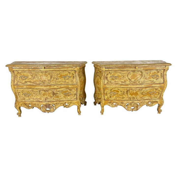 Pair of Louis XV–Style Painted Bombe Commodes with Carved Rococo Ornament