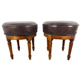 Pair of Louis XVI–Style Swivel Stools in Patinated Leather, Mid-20th Century
