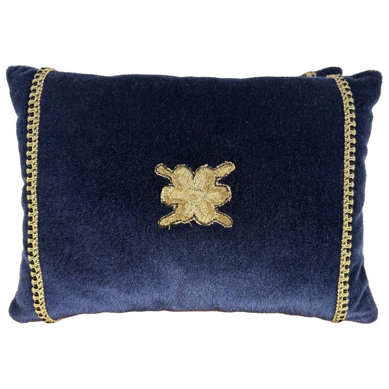 Pair of Custom Navy Velvet Pillows with 19th-Century Gold Metallic Appliqués