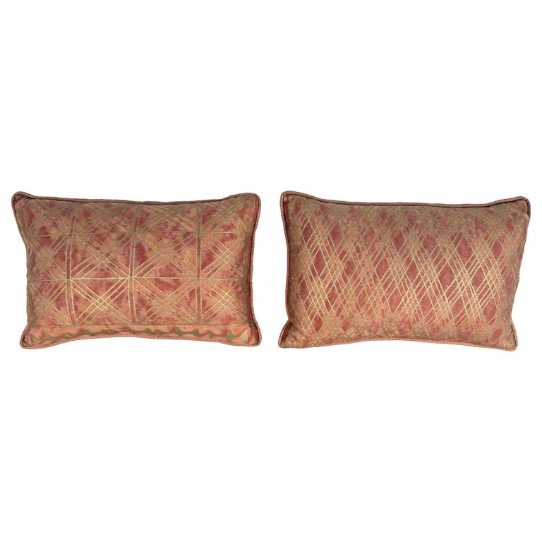 Pair of Authentic Fortuny Pillows in Coral and Gold Geometric Pattern