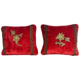 Pair of Petite Red Velvet Pillows with 19th-Century Metallic Appliqués