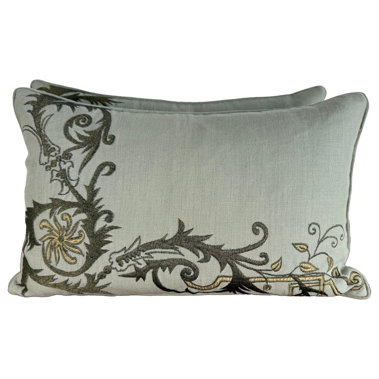 Pair of Custom Embroidered Linen Pillows