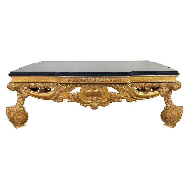 Baroque-Style 22K Gold Leaf Carved Coffee Table with Black Stone Top