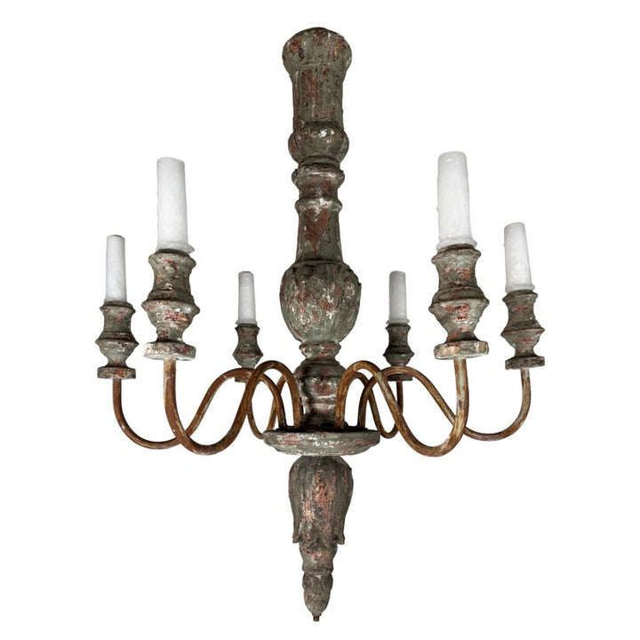 Antique European Painted Wood and Iron Six-Light Chandelier