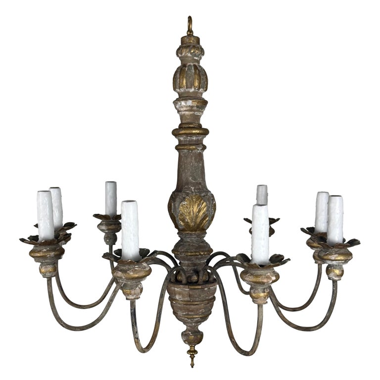 Antique Italian Giltwood and Iron Six-Light Chandelier