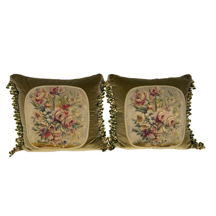 Pair of Custom Aubusson Tapestry and Velvet Pillows by Melissa Levinson