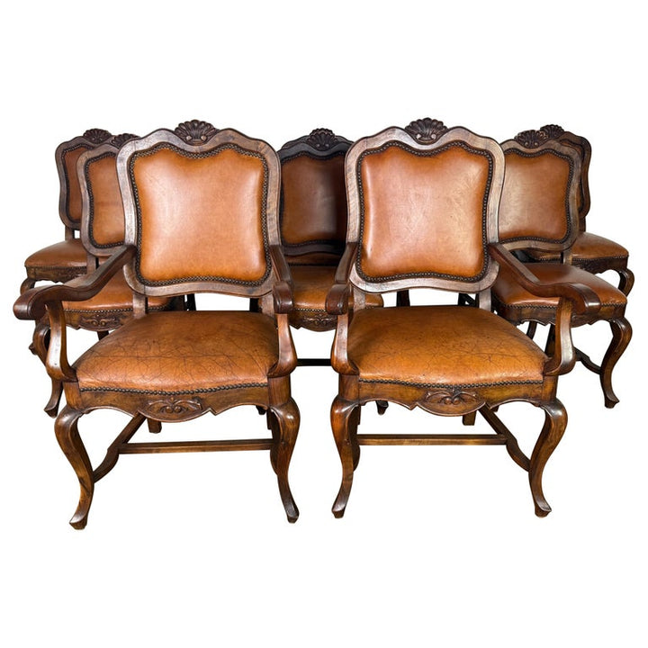 Set of Eight French Carved Wood Dining Chairs with Leather Upholstery