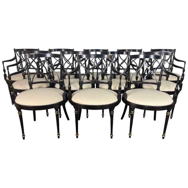 Set of Twelve Regency-Style Ebonized Dining Chairs with Linen Seats