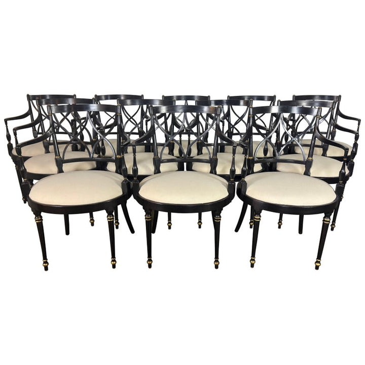 Set of Twelve Regency-Style Ebonized Dining Chairs with Linen Seats