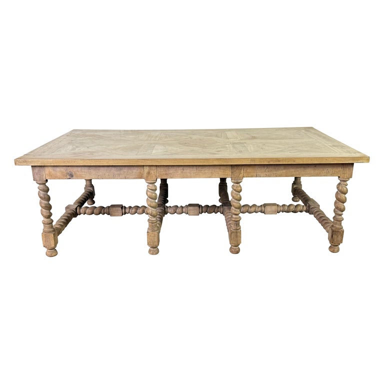 Large European Rustic Coffee Table with Parquetry Top and Barley-Twist Base