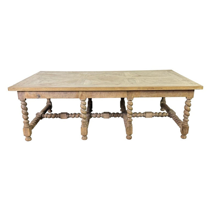 Large European Rustic Coffee Table with Parquetry Top and Barley-Twist Base