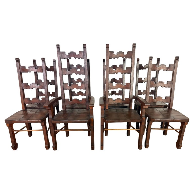 Set of 8 Spanish Colonial Revival Carved Wood Dining Chairs, Mid-20th Century