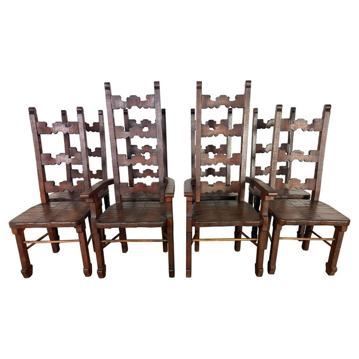 Set of 8 Spanish Colonial Revival Carved Wood Dining Chairs, Mid-20th Century