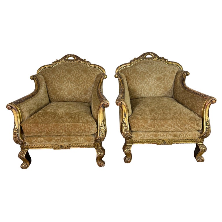 Pair of Italian Giltwood Armchairs with Damask Upholstery