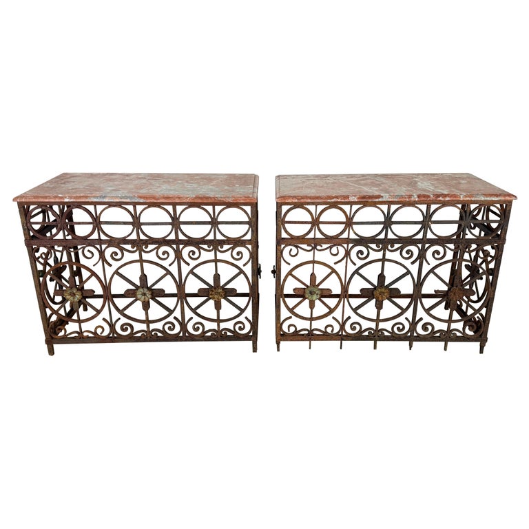 Pair of Italian Wrought Iron Consoles with Rosso Verona Marble Tops