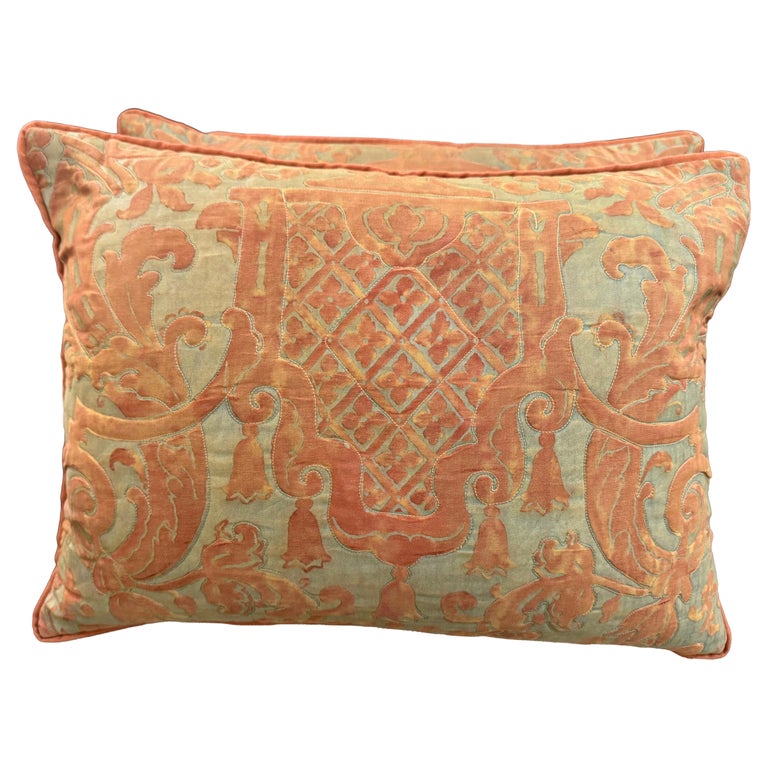 Pair of Rare Quilted Fortuny Pillows with Tassel Motif, Italy