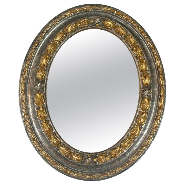 19th Century Italian Oval Mirror in Burnished Silver Leaf and Gold
