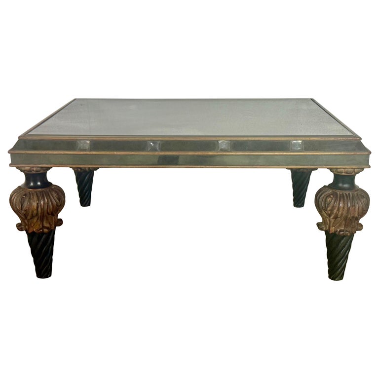 Hollywood Regency Mirrored Coffee Table with Carved Wood and Twisted