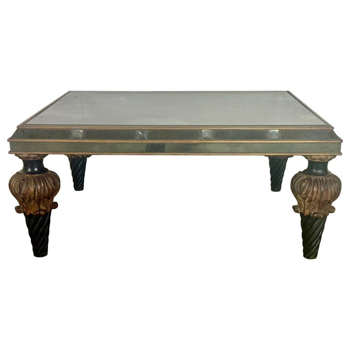 Hollywood Regency Mirrored Coffee Table with Carved Wood and Twisted