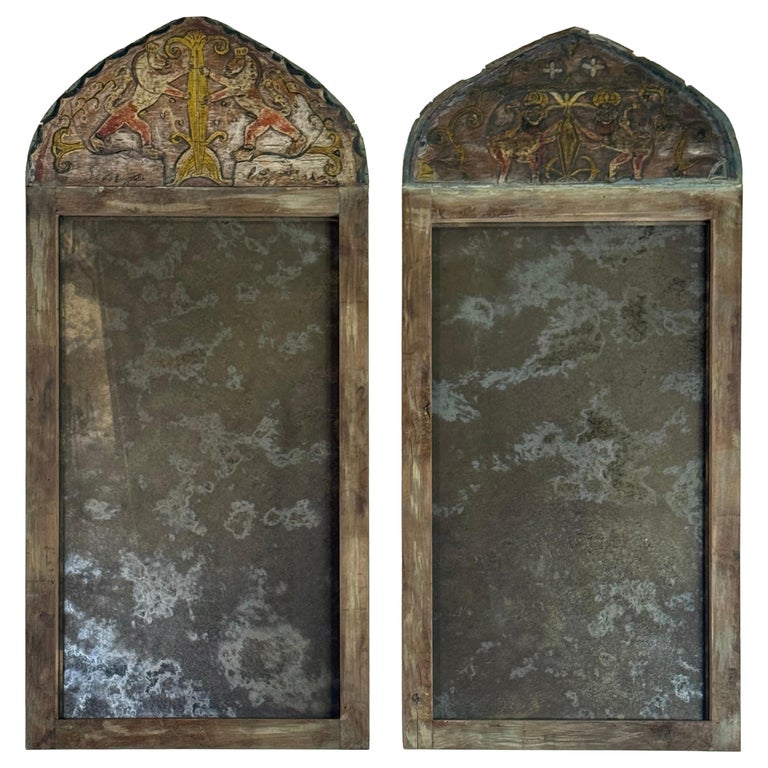 Pair of 19th Century Painted Folk Art Arched Mirrors with Heraldic Lion Crests