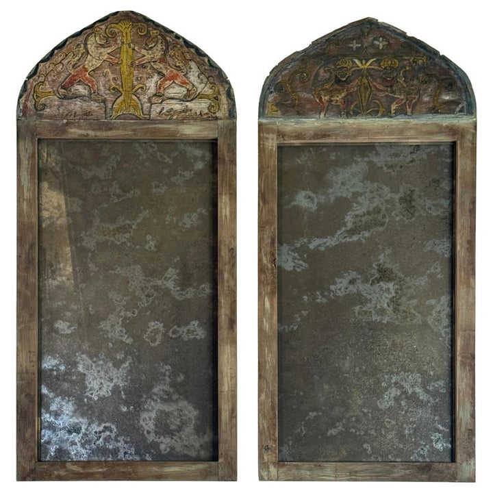 Pair of 19th Century Painted Folk Art Arched Mirrors with Heraldic Lion Crests