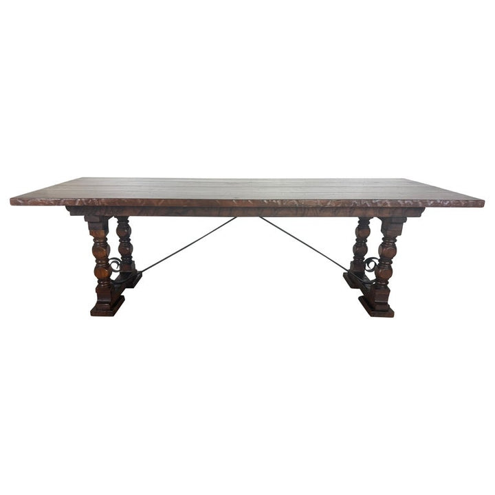 Monumental Spanish Revival Style Walnut Trestle Dining Table with Hand-Hewn Top
