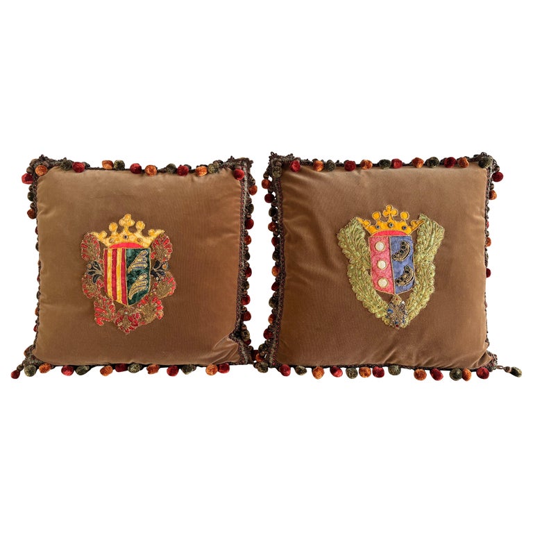 Pair of Velvet Pillows with 19th Century Metallic & Silk Embroidered Crests