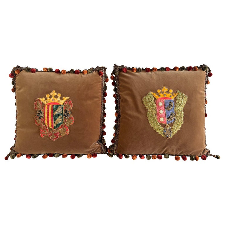Pair of Velvet Pillows with 19th Century Metallic & Silk Embroidered Crests