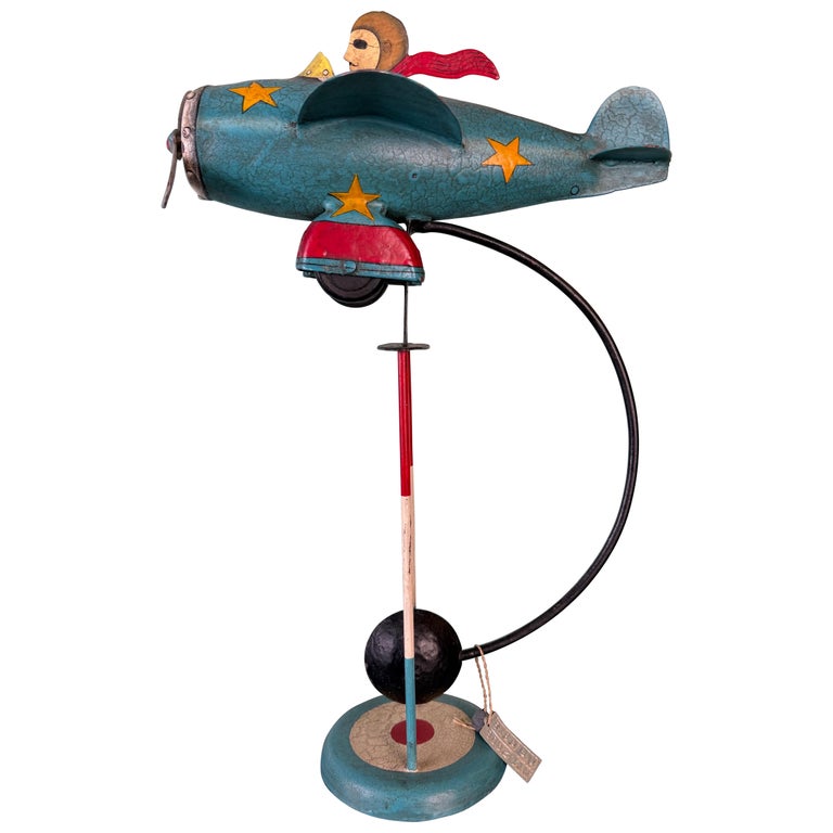 Vintage Folk Art Airplane Pilot Balancing Kinetic Sculpture