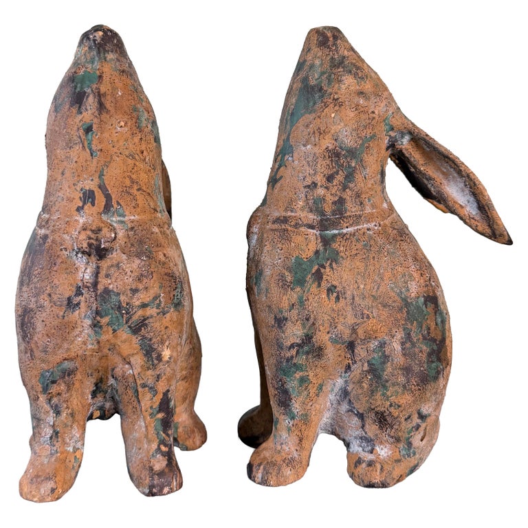 Pair of Weathered Cast Iron Rabbit Garden Sculptures with Verdigris Patina