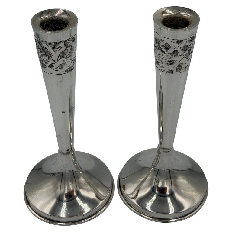 Pair of Art Nouveau Sterling Silver Candlesticks with Floral Relief Decoration