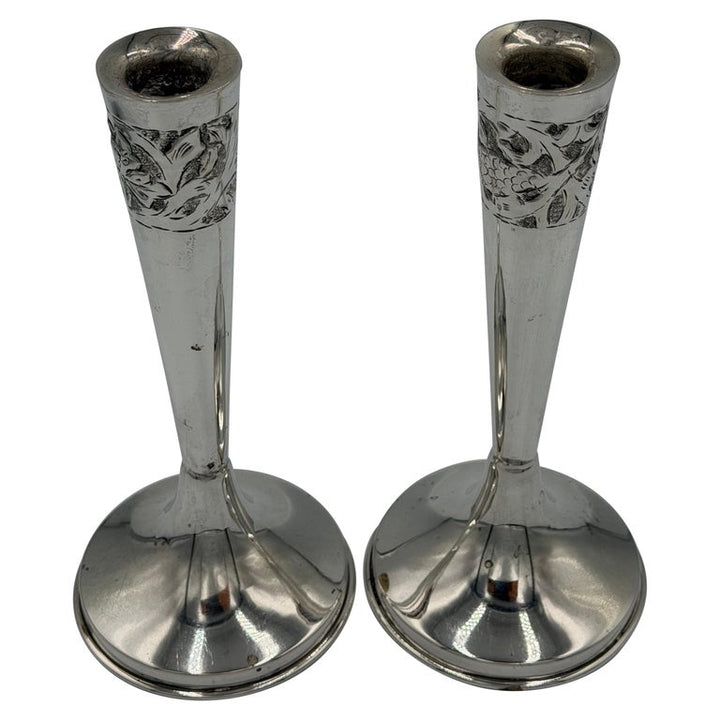 Pair of Art Nouveau Sterling Silver Candlesticks with Floral Relief Decoration