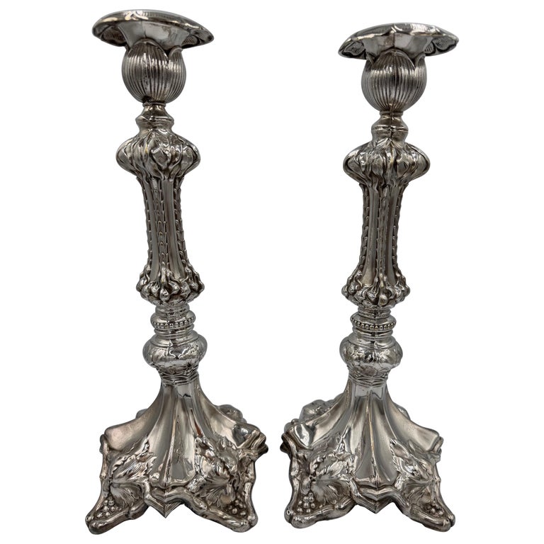 Pair of Baroque Revival Silver Candlesticks with Figural Tripod Bases