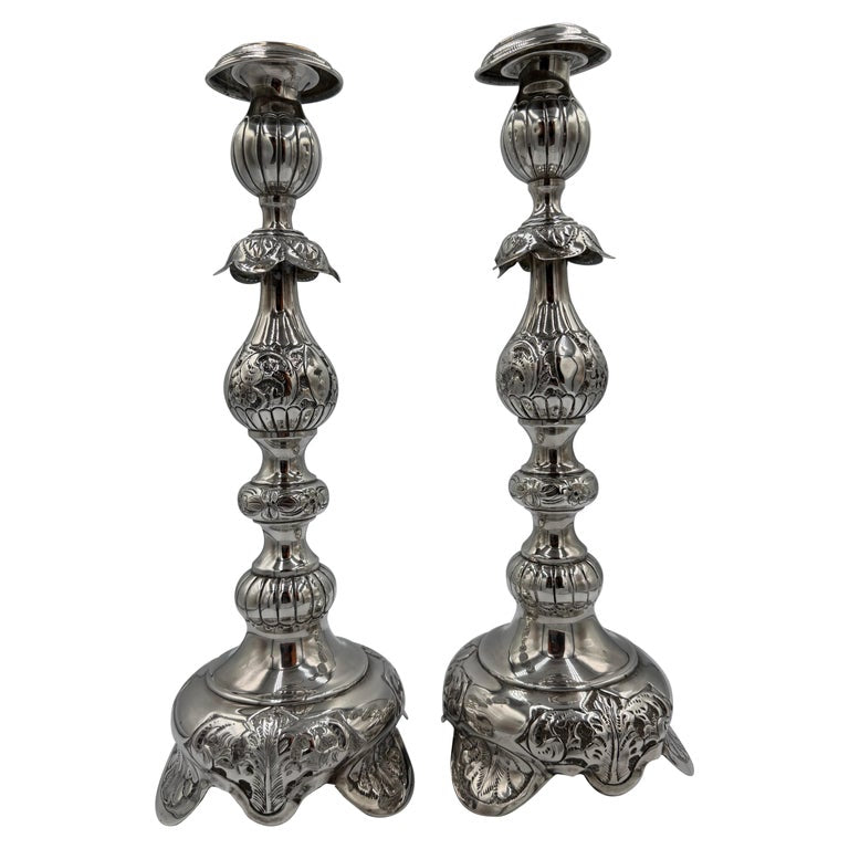 Pair of Antique Sterling Silver Baroque Revival Candlesticks with Repoussé