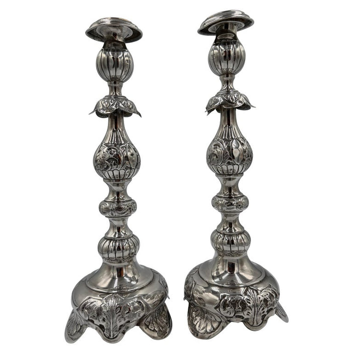 Pair of Antique Sterling Silver Baroque Revival Candlesticks with Repoussé