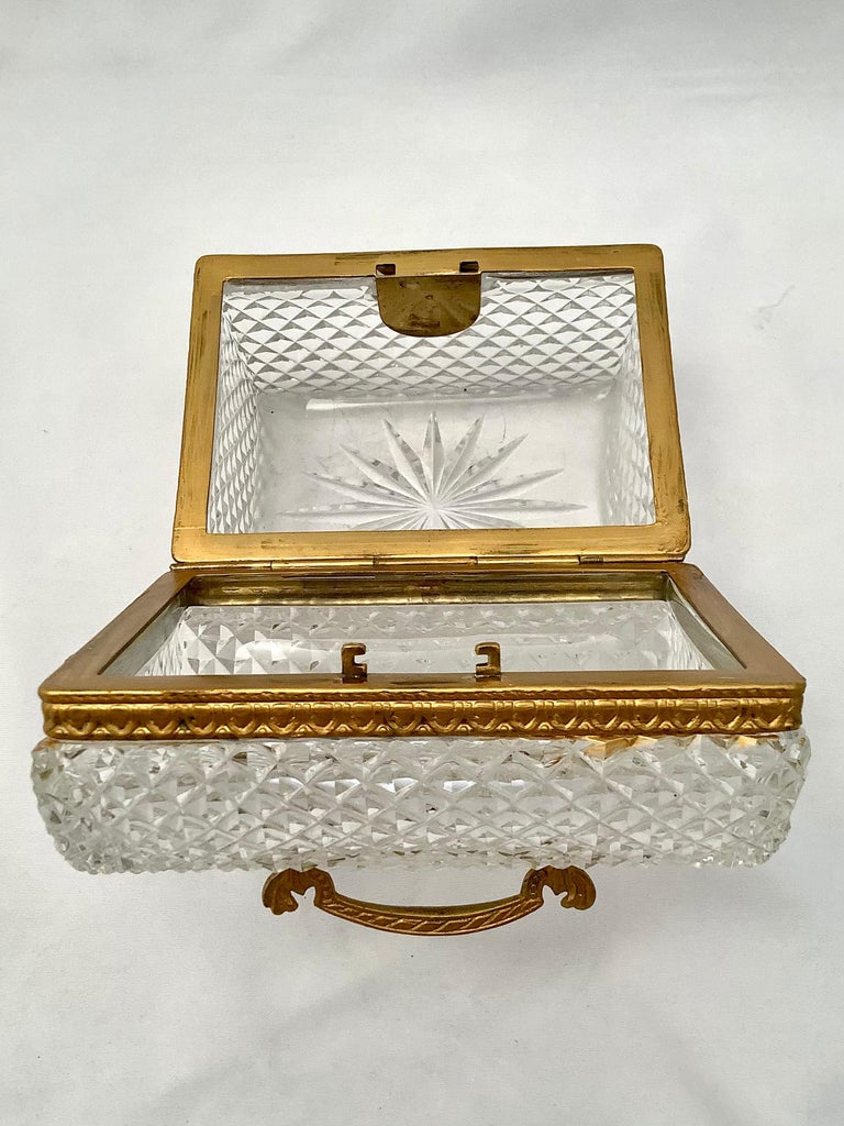 Cut Crystal French Decorative Box W/ Handle & Keyhole