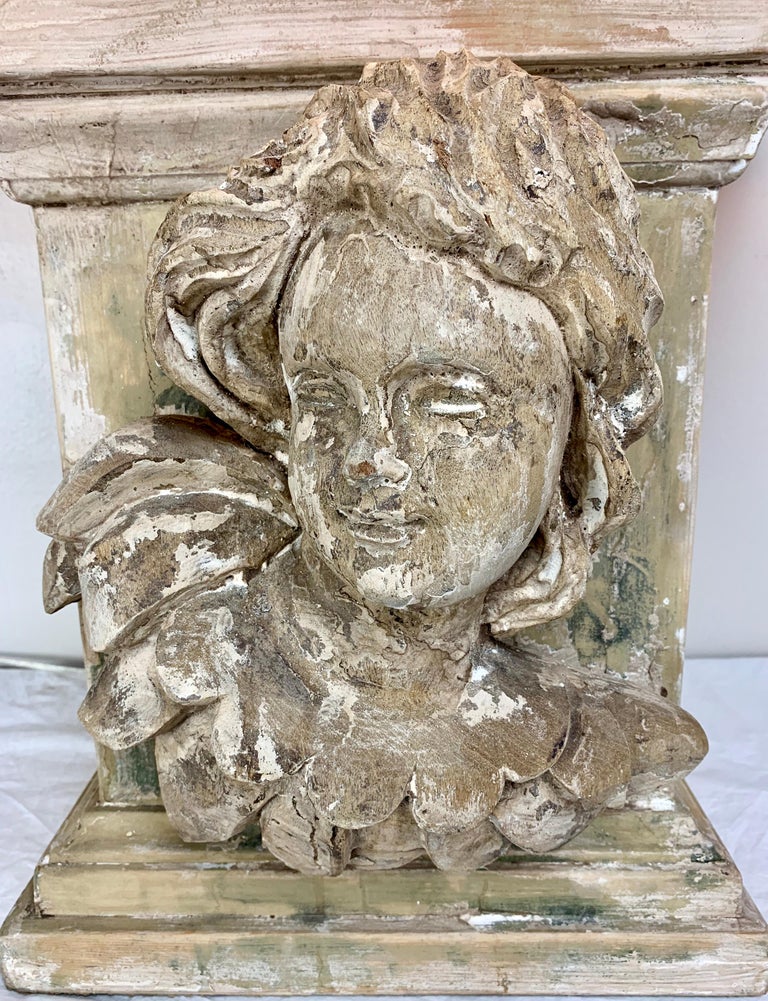 19th C. Carved Cherub Face Lamp w/ Custom Parchment Shade