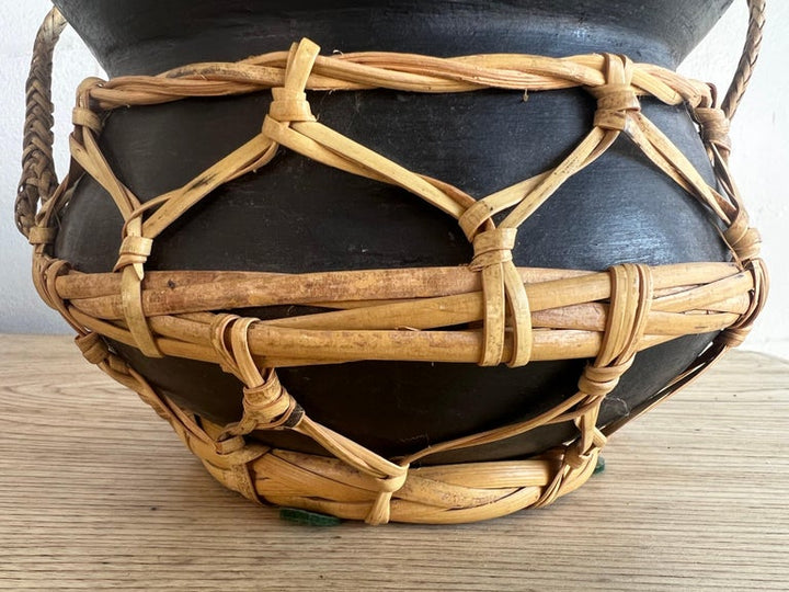 Pair of Antique Nigerian Nupe Clay Pots w/ Rattan Handles