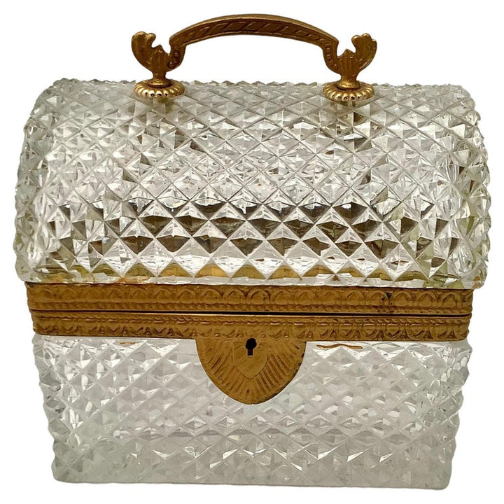 Cut Crystal French Decorative Box W/ Handle & Keyhole