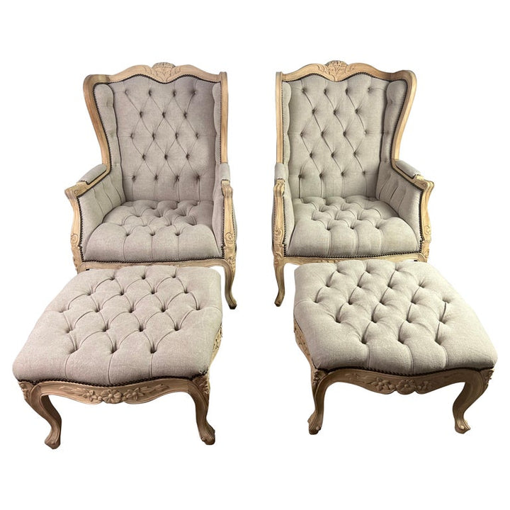 Pair of French Wingback Louis XV Style Armchairs w/ Matching Ottomans