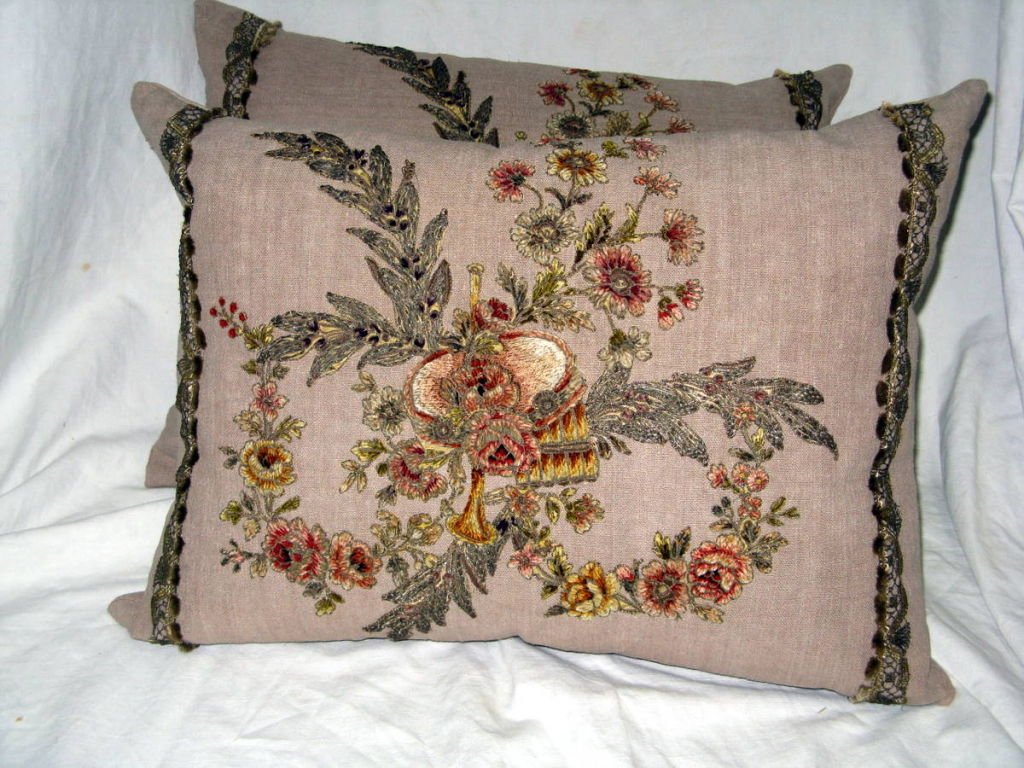 Pair of 19th C. French Appliquéd Linen Pillows