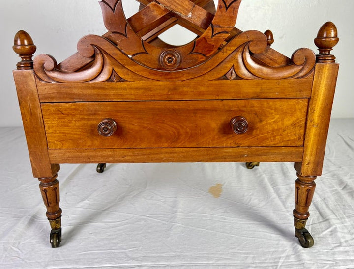 19th C. English Maple Magazine Rack w/ Drawer and Casters