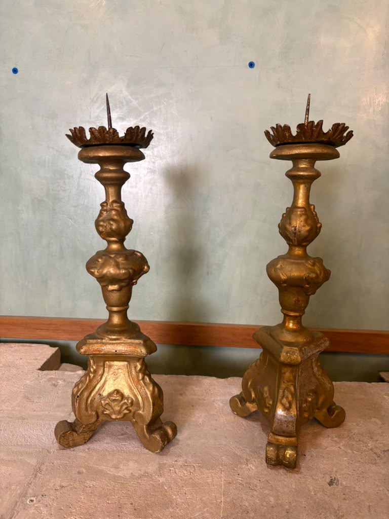 Pair of 18th Century Italian Baroque Giltwood Altar Pricket Candlesticks